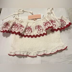 junior White Cherry-Embroidered Tank Top with Red Trim - evoletunary?